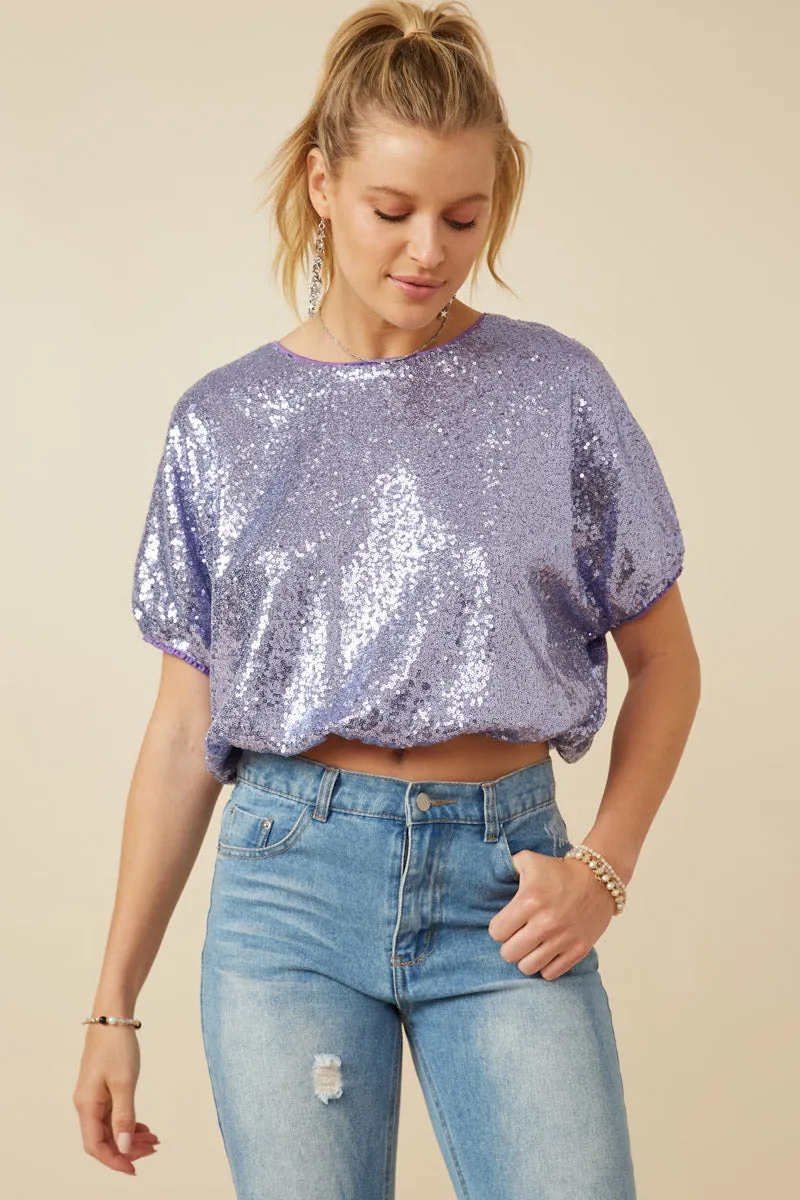 Womens Sequined Short Sleeve Dolman Top Sporty Sweatshirt
