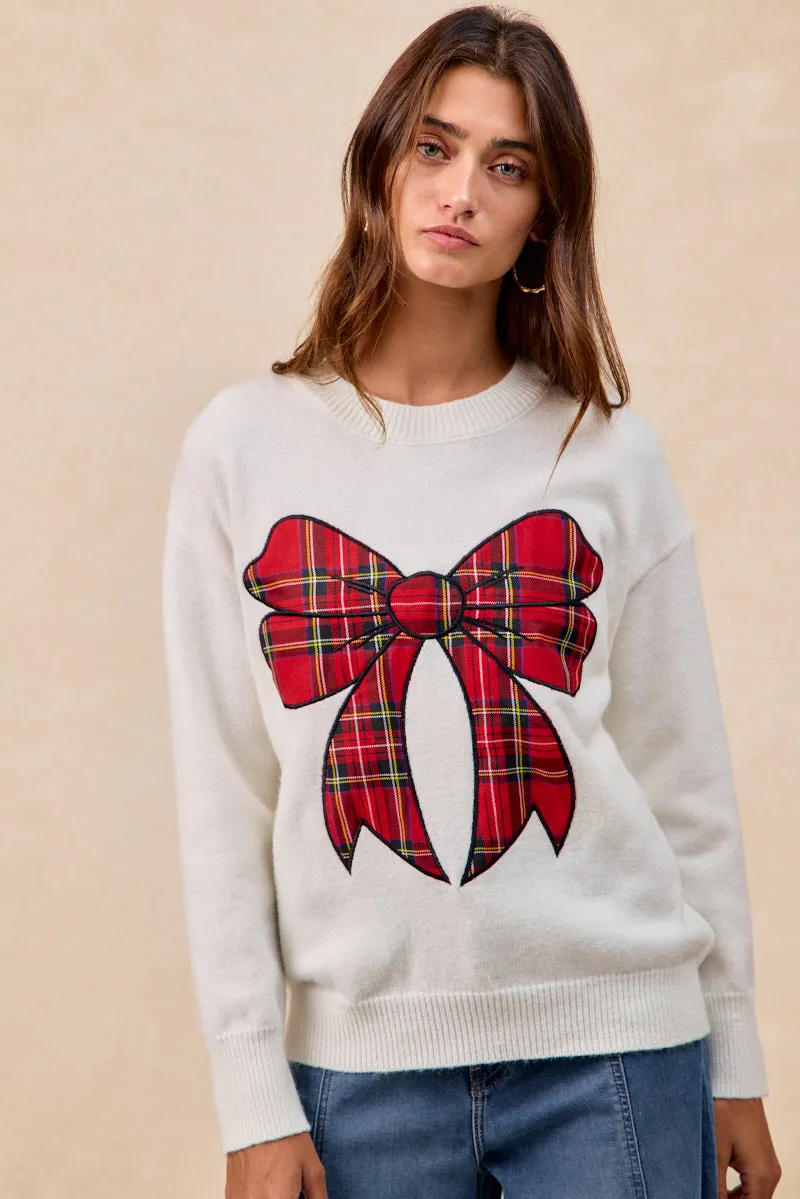 Ultra Soft Handfeel IP8254S-10 | CHRISTMAS PLAID BOW KNIT TOP