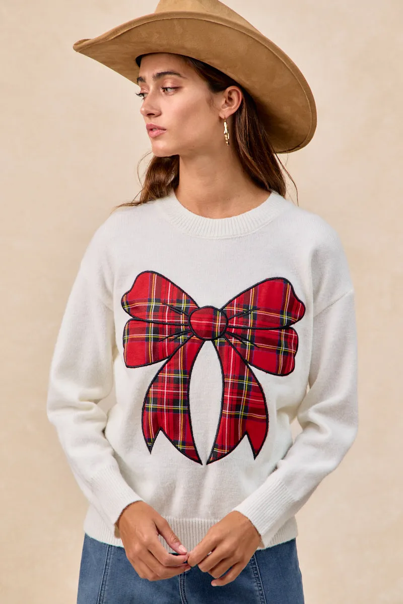 IP8254S-10 | CHRISTMAS PLAID BOW KNIT TOP FourWay Stretch Fabric AthleisureCompatible