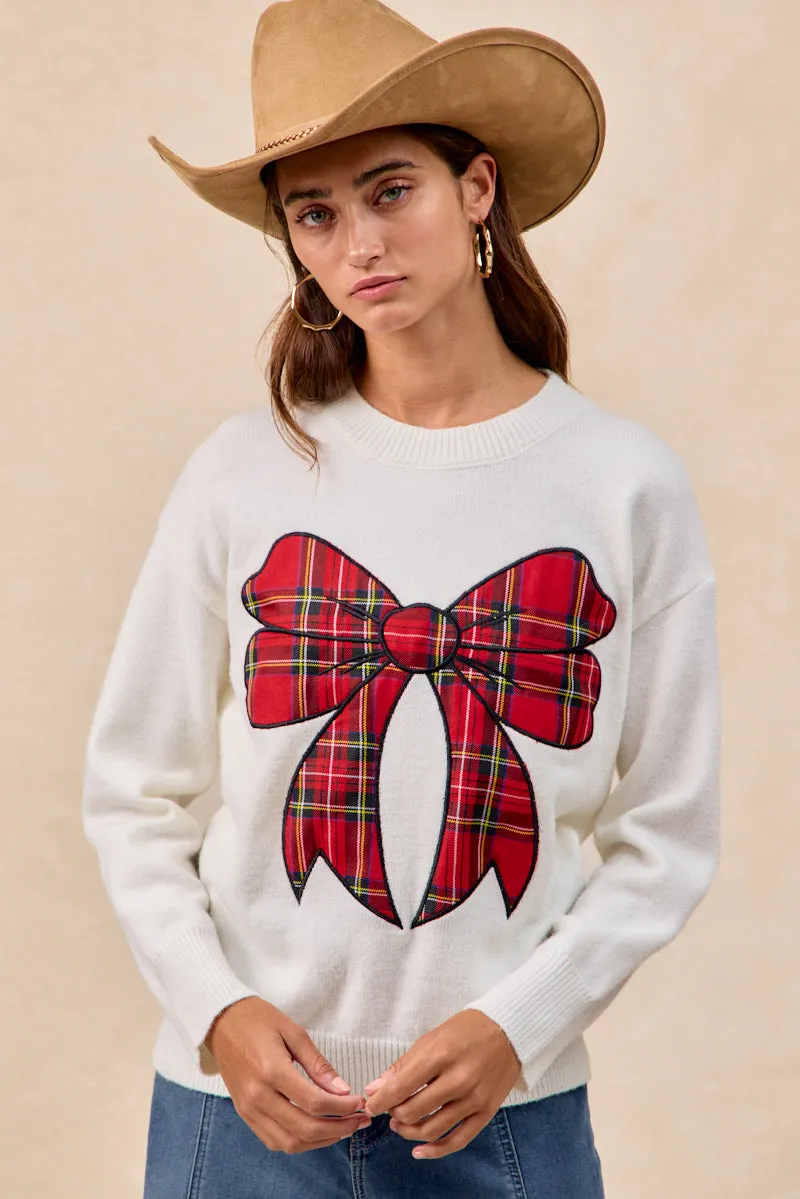 IP8254S-10 | CHRISTMAS PLAID BOW KNIT TOP Weighted Hem