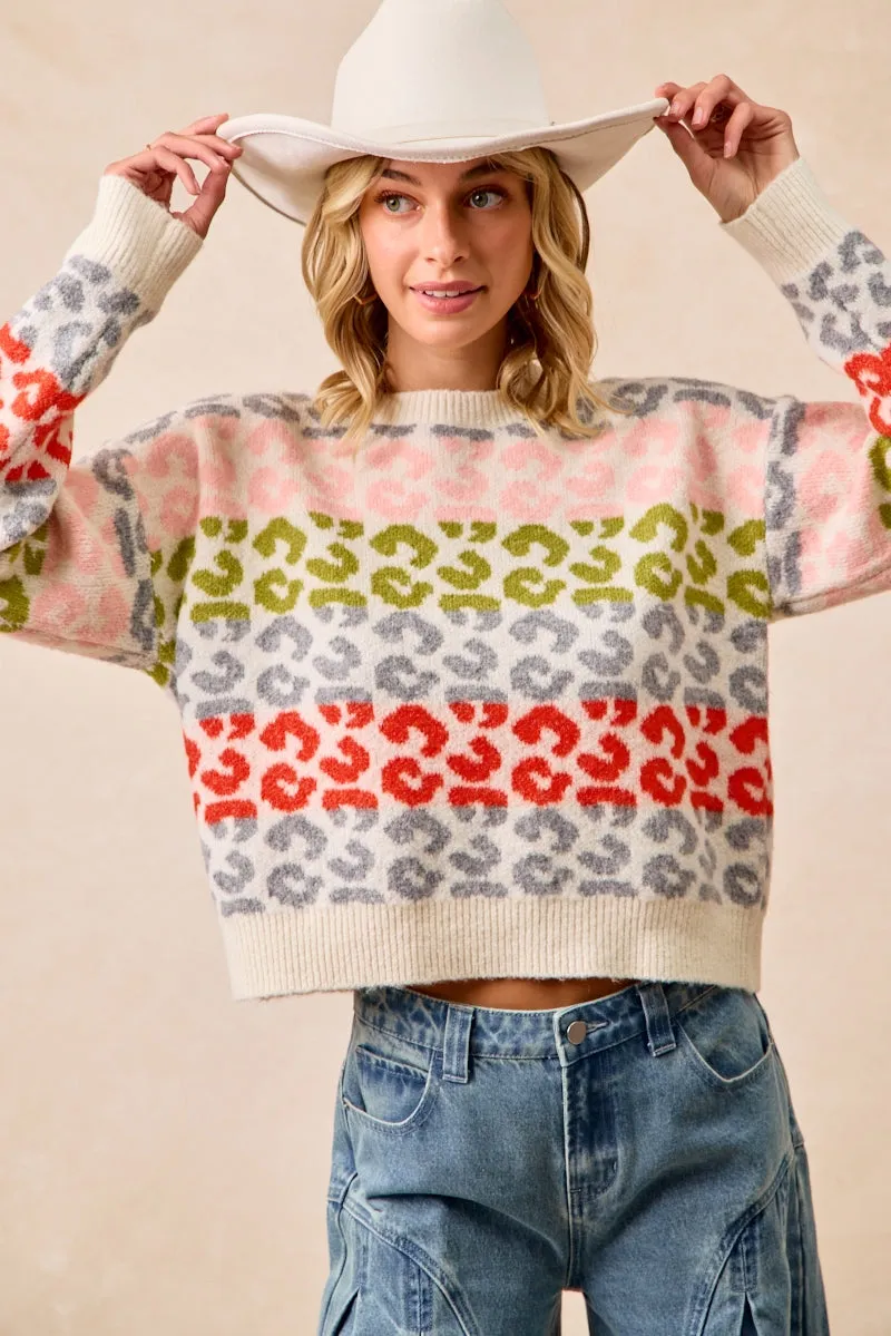 BreathableMaterial IT4631-01 | LEOPARD COLORBLOCK SWEATER TOP