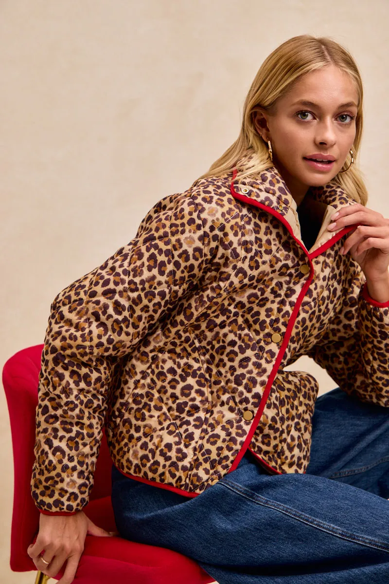 Rugged Style CompressionPackableFabric IP8318G-05 | LEOPARD PRINT PIPING DETAIL QUILTED JACKET