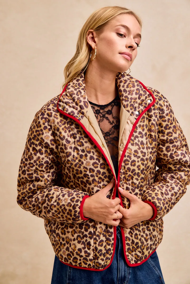 IP8318G-05 | LEOPARD PRINT PIPING DETAIL QUILTED JACKET Versatile Styling Anti Slip Shoulder