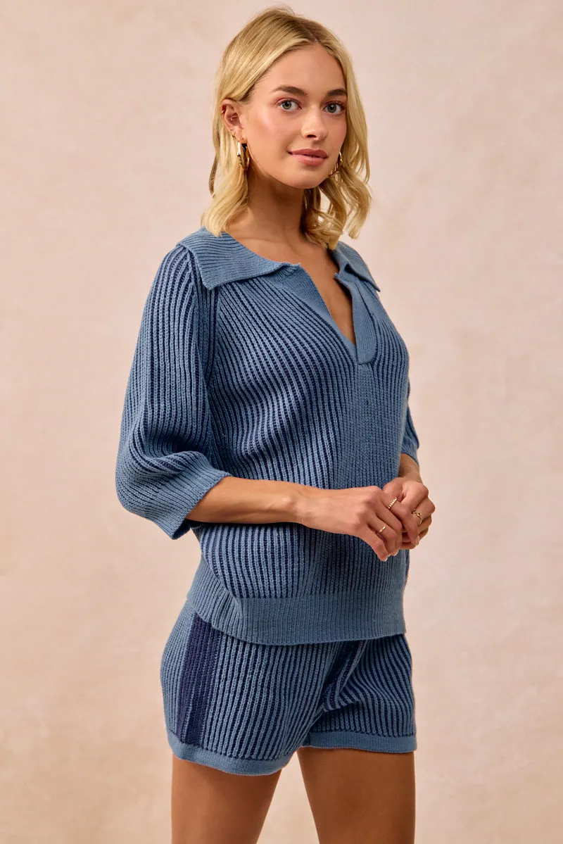 Adaptive Fit IB1667-01 | TWO TONE RIB TEXTURE SHORT SLEEVES COLLARED SWEATER TOP AND SHORTS SET