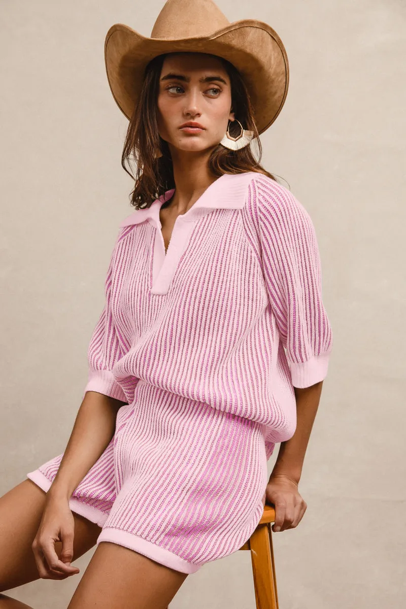 IB1667-01 | TWO TONE RIB TEXTURE SHORT SLEEVES COLLARED SWEATER TOP AND SHORTS SET Embroidered Detail