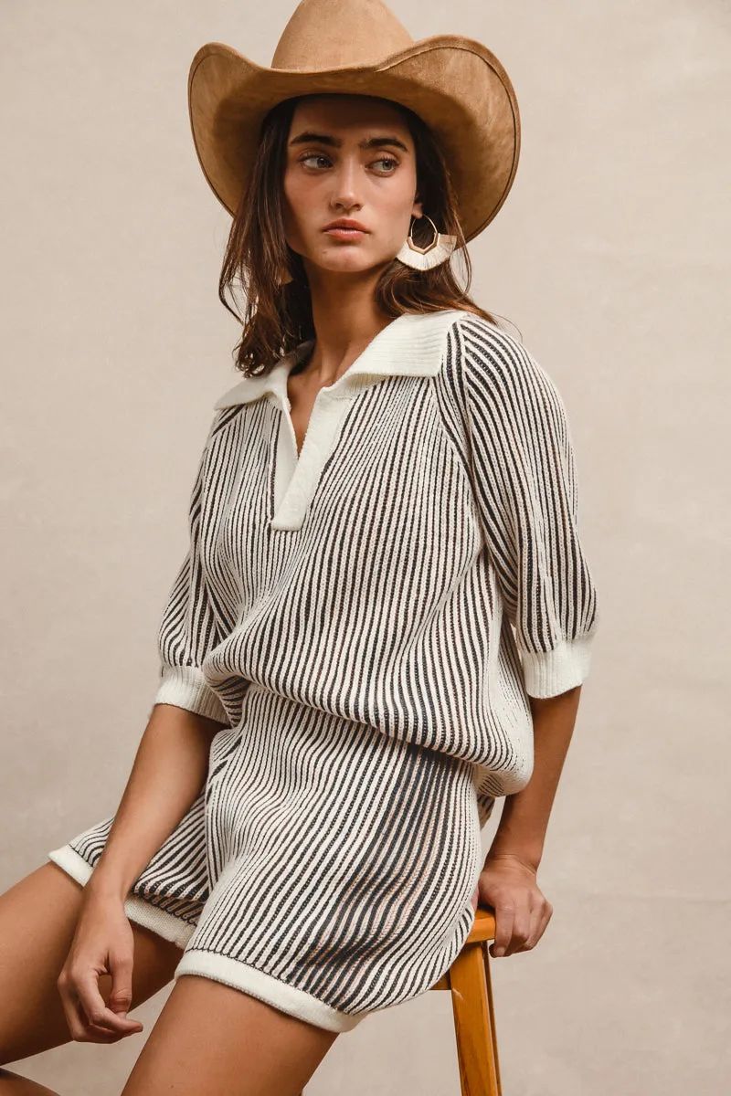 Seamless Waist Technology Compact Storage IB1667-01 | TWO TONE RIB TEXTURE SHORT SLEEVES COLLARED SWEATER TOP AND SHORTS SET