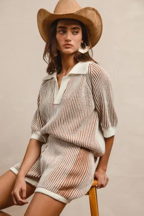 IB1667-01 | TWO TONE RIB TEXTURE SHORT SLEEVES COLLARED SWEATER TOP AND SHORTS SET quick dry Durable Twill