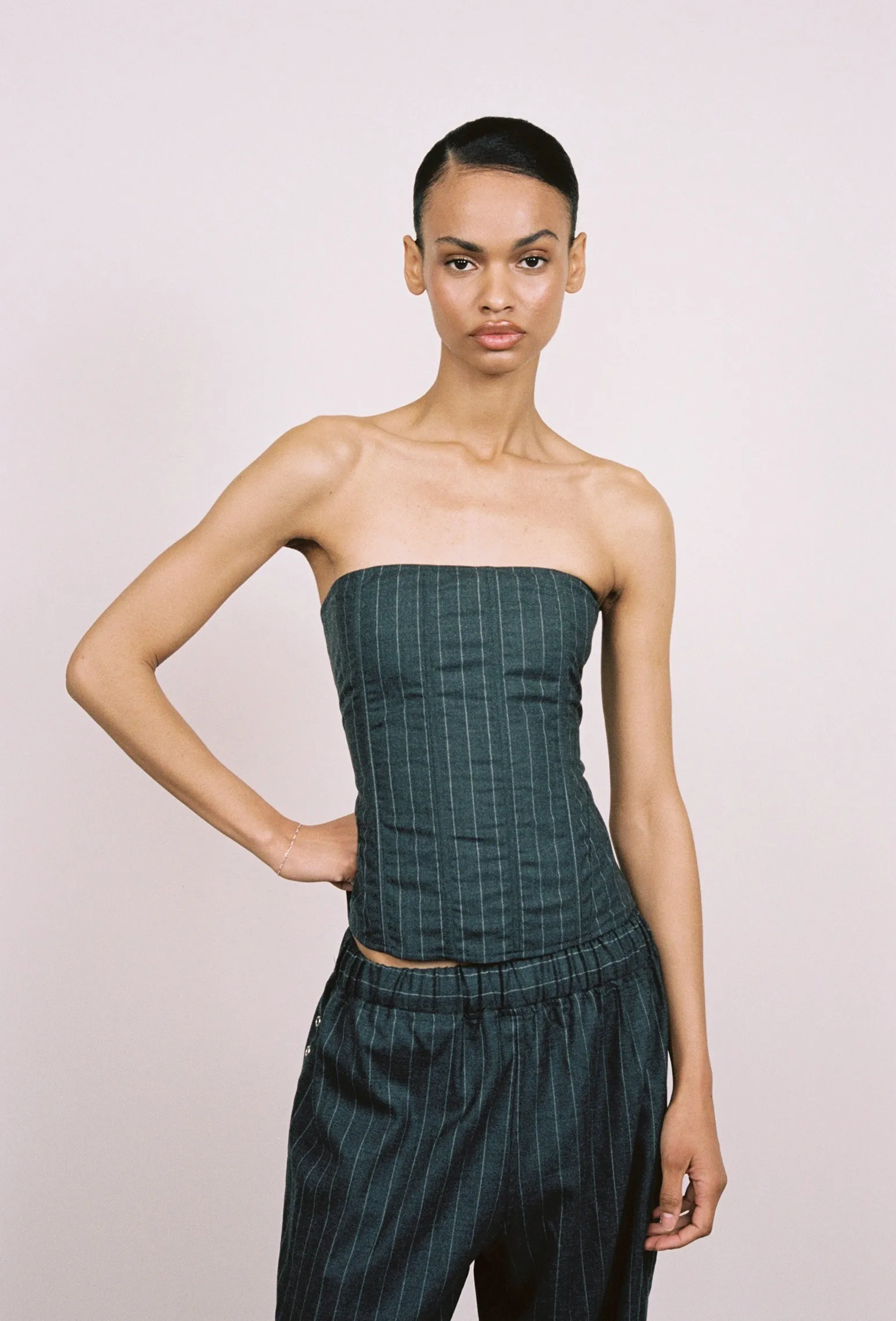 LIBRA CORSET - PINSTRIPE WOOL Curved Hem Reflective Accent Stripes