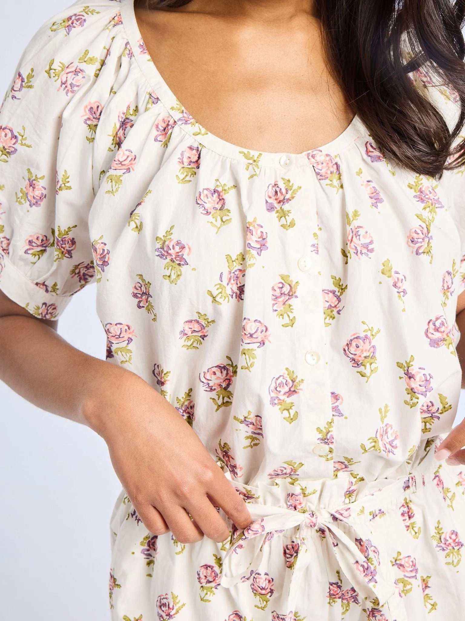 Reflective Accent Trim Naomi Top in Rose Block Print