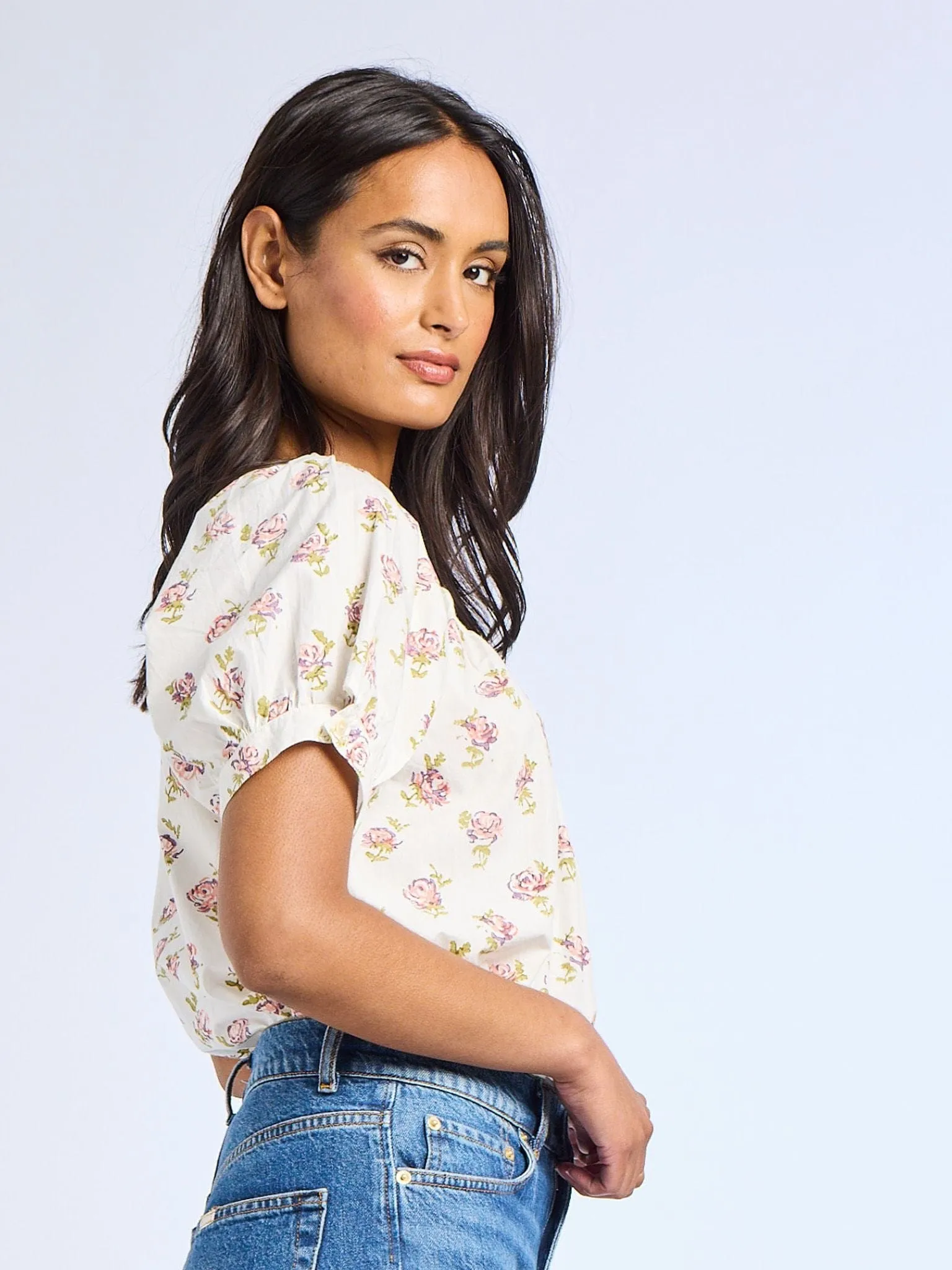 Naomi Top in Rose Block Print AntiPillingTechnology Drop Shoulder Cut