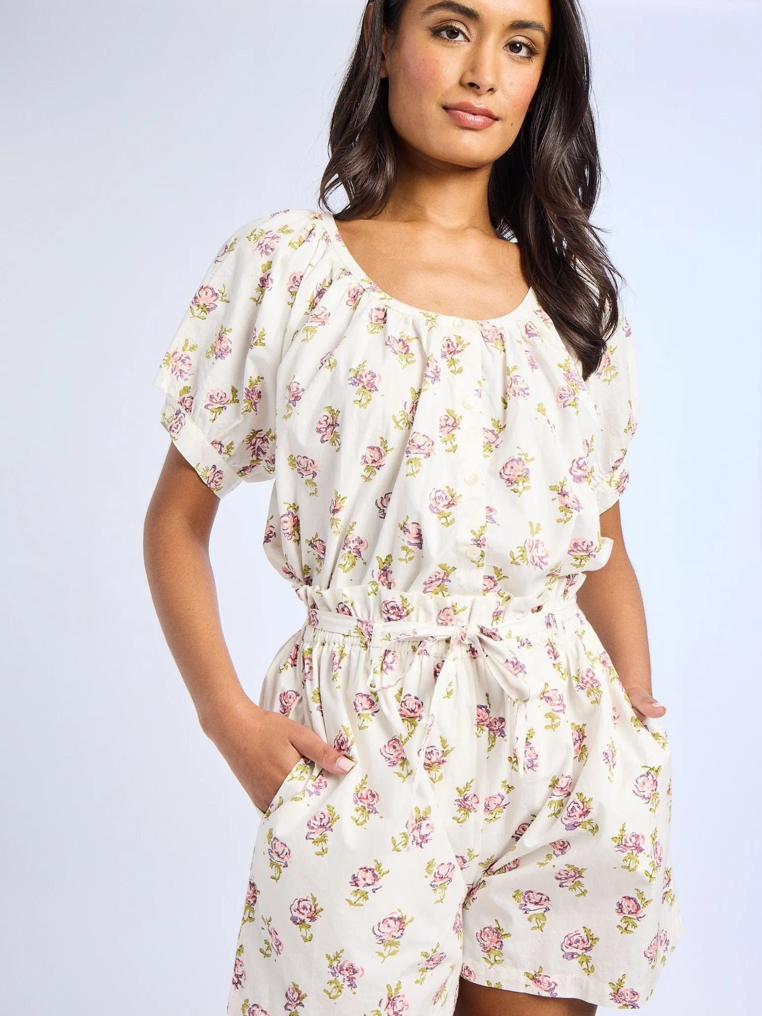 Naomi Top in Rose Block Print Friction Resistant Edges Casual Fit