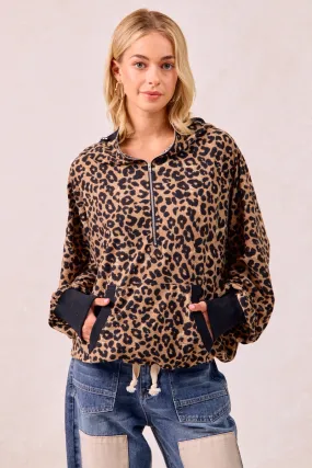 IP8347G-59 | LEOPARD PRINT WAFFLE HALF ZIP UP HOODIE W POCKET Layered construction Quick Dry Performance