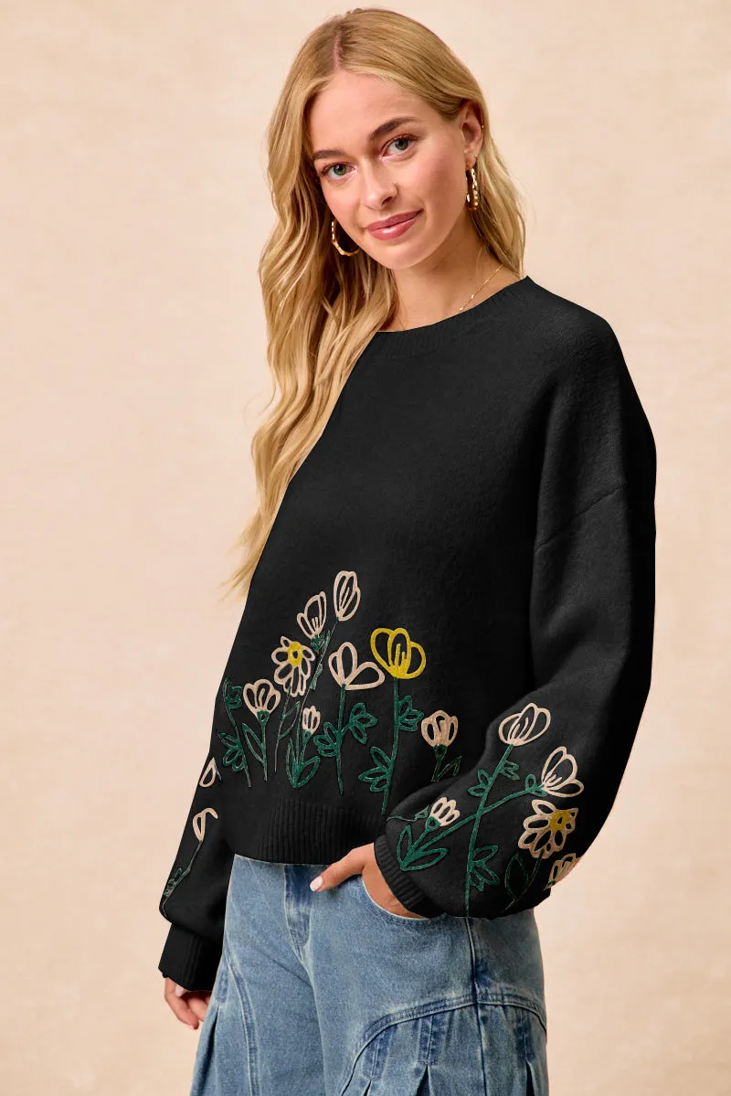Stain Repellent Coating IT4824-01 | FLOWER EMBROIDERED SWEATER TOP