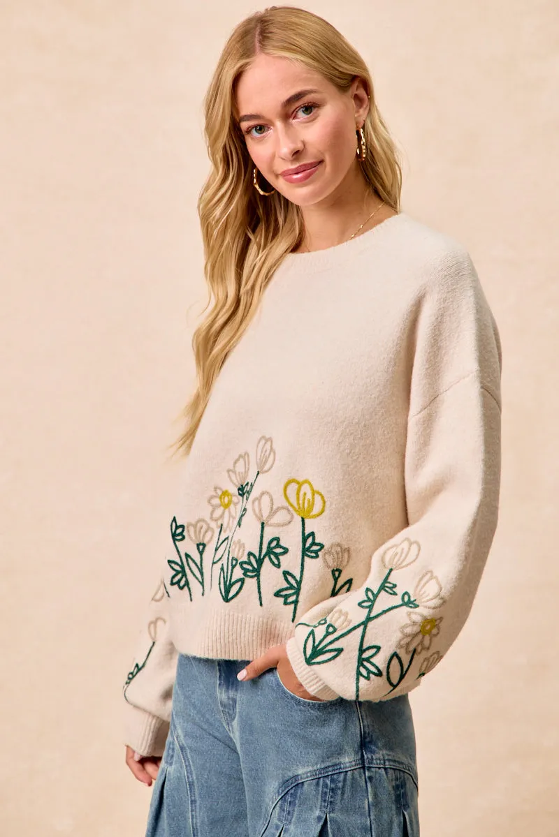 Loose cut Tagless label IT4824-01 | FLOWER EMBROIDERED SWEATER TOP