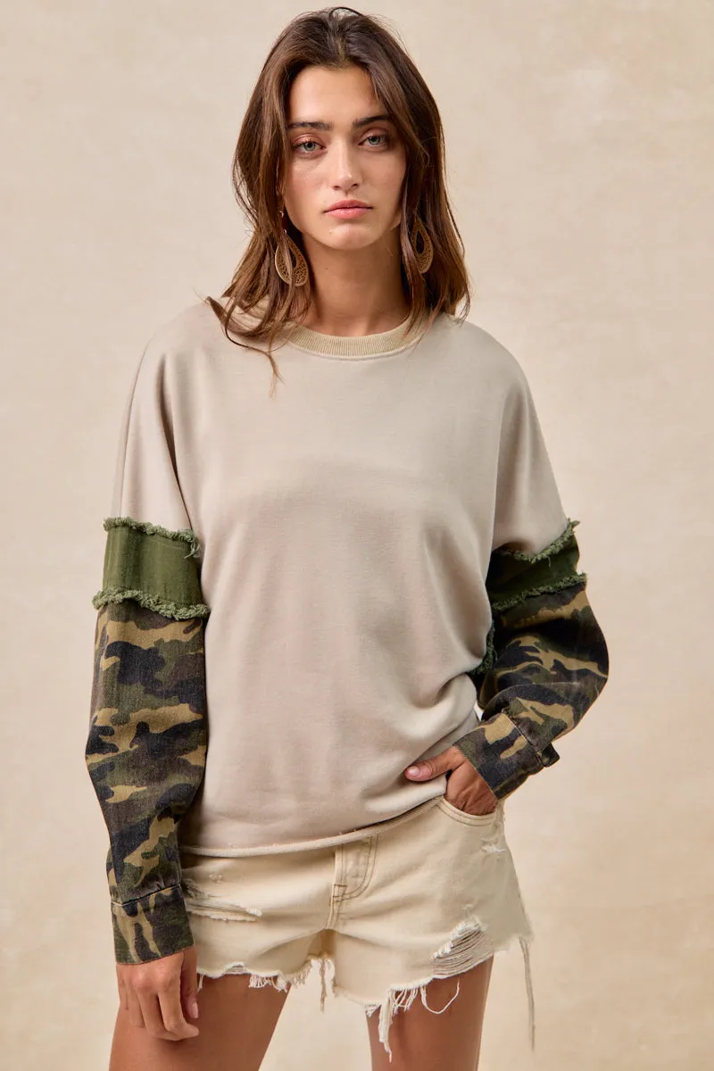 NonIrritatingStitching IT4603S-03P | FRENCH TERRY WITH CAMO SLEEVE TOP WITH FRAYED EDGE