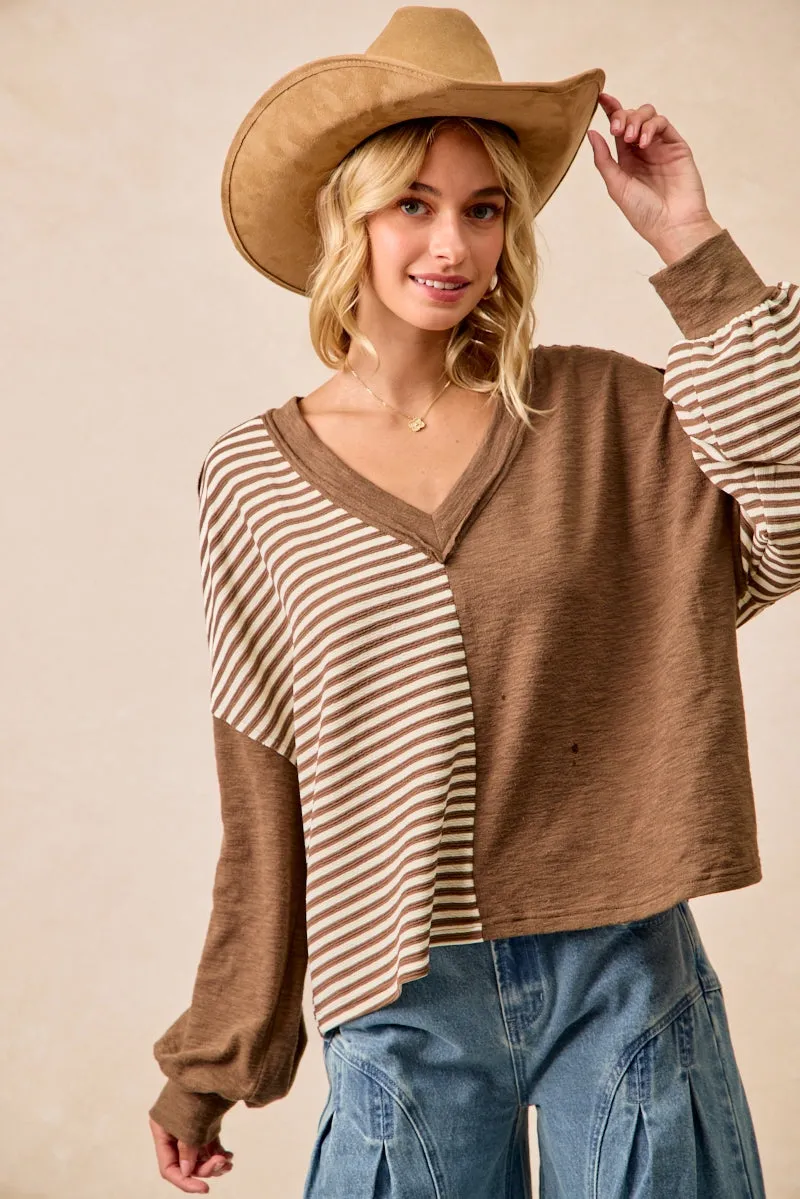 MoistureWickingFabric IT4731S-02 | SLUB KNIT WITH STRIPE COMBO V NECK TOP
