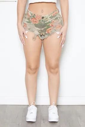 Mid Rise Mullet Short Floral Camo with Destruction High Quality Material ReflectiveAccentDetails