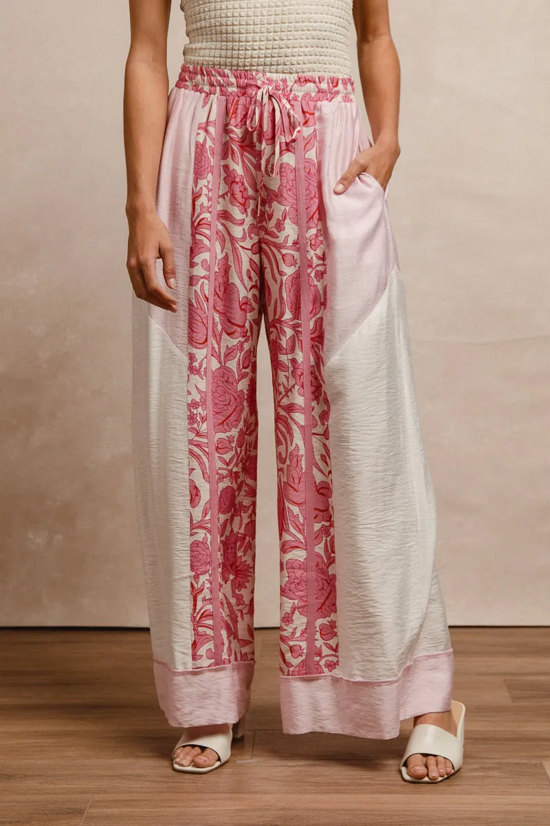 IB1689-02 | COLOR BLOCK LEOPARD PRINTS DRAWSTRING DETAIL WIDE PANTS Light wash Layered Panel Design