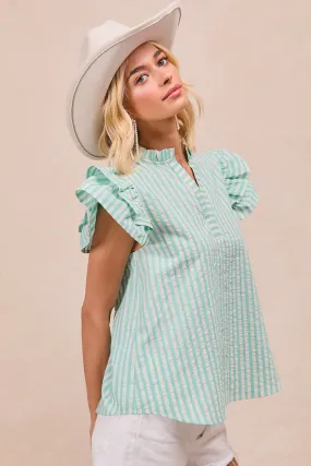 IT3850S-01 | JACQUARD STRIPE WOVEN RUFFLED SLEEVES V NECK TOP Double Layered Collar