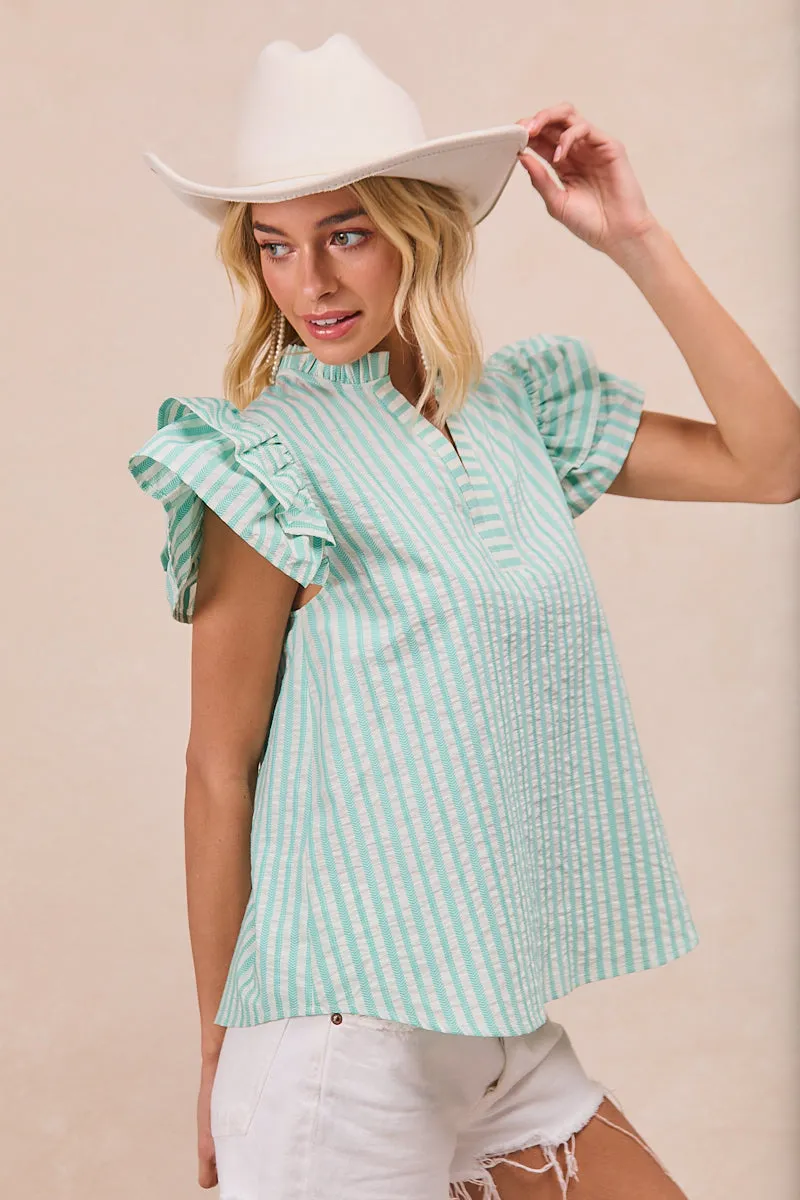 IT3850S-01 | JACQUARD STRIPE WOVEN RUFFLED SLEEVES V NECK TOP Comfortable fit Adaptive Layering System