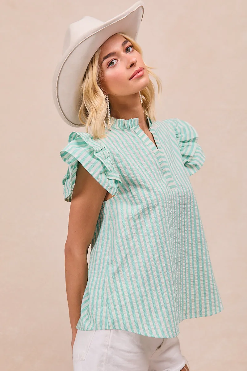 IT3850S-01 | JACQUARD STRIPE WOVEN RUFFLED SLEEVES V NECK TOP Double Layered Collar