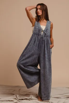 Urban Look ReinforcedBeltLoops IB1578R-01P | MINERAL WASHED PINTUCK JUMPSUIT WITH SIDE POCKET