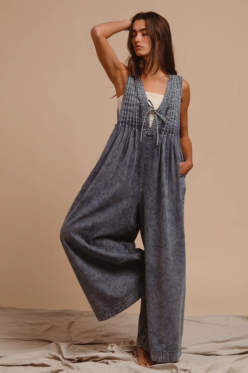 IB1578R-01P | MINERAL WASHED PINTUCK JUMPSUIT WITH SIDE POCKET Tear Resistant