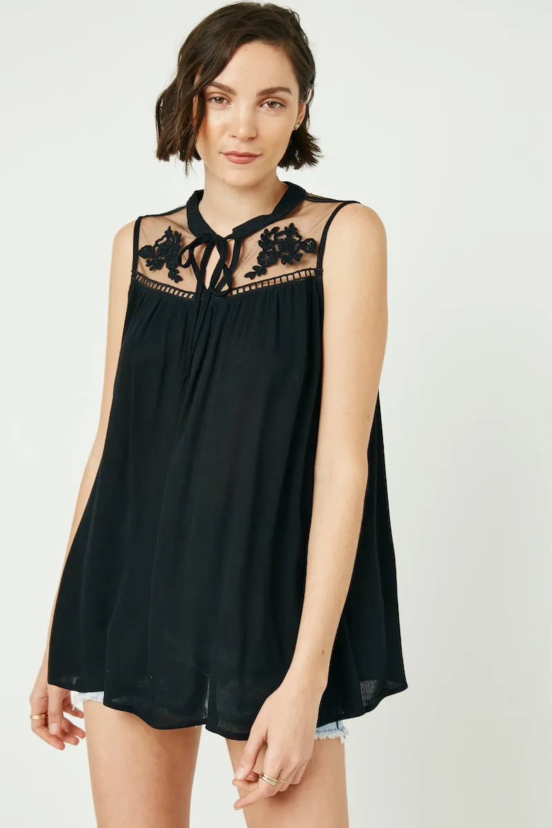 Sleeveless Embroidered Mesh Yoke Top Active Tee