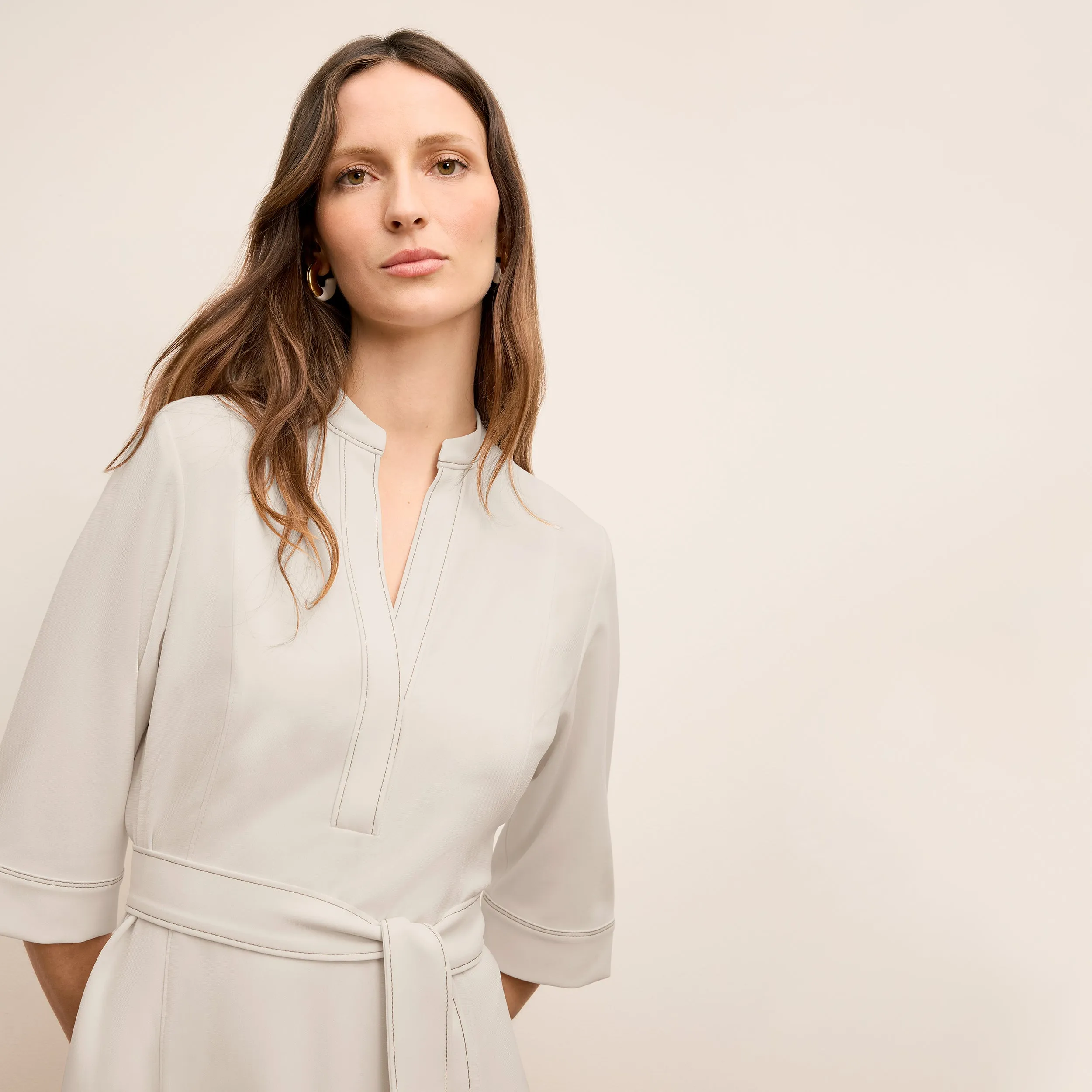 FeatherlightConstruction HighStrength Threadwork Lauleh Dress - Everyday Crepe with Topstitch :: Eggshell