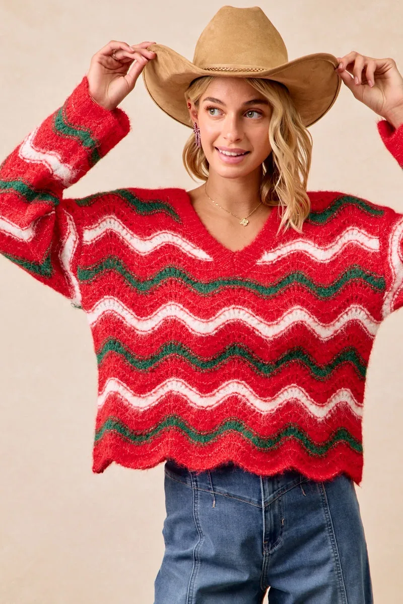 Ripped design IT2288G-02 | CHRISTMAS WAVY STRIPES V-NECK SWEATER