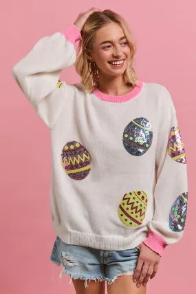 IP5685G-43 | SEQUIN EASTER EGGS PATCHES SWEATER TOP Flatlock stitching Weatherproof Seams