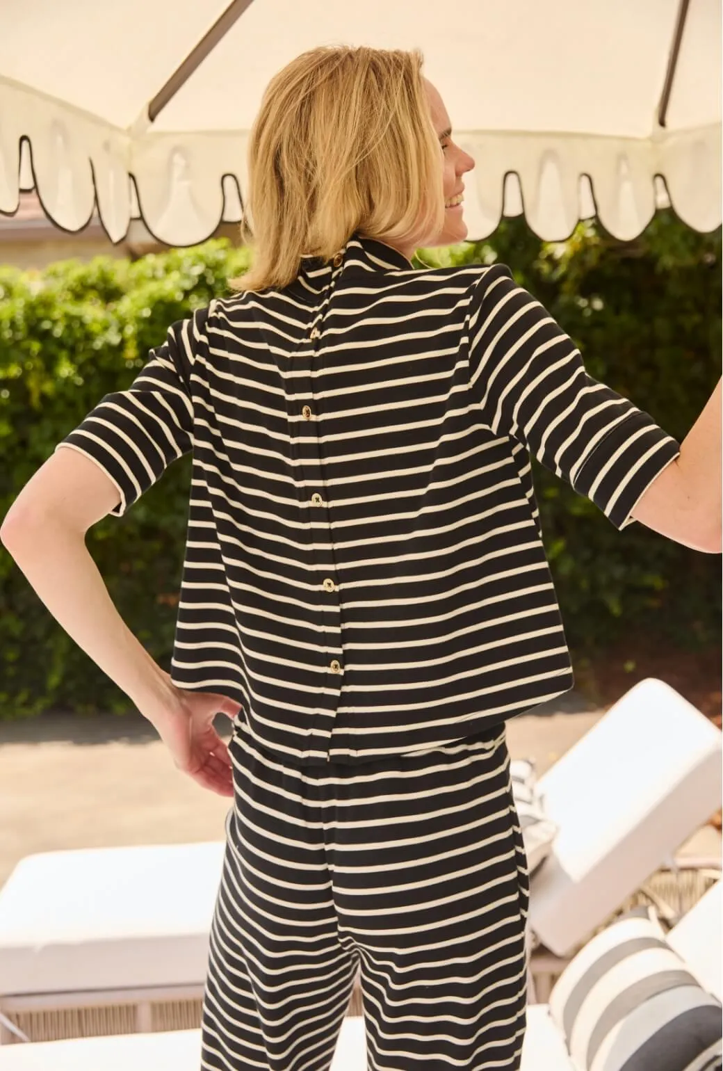 Reinforced Seam Technique Short Sleeve Mod Top - Black & White Stripe Knit