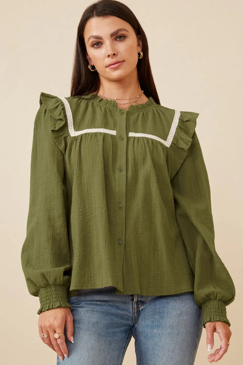 UltraLightweight Lace Insert Ruffled Detail Textured Shirt