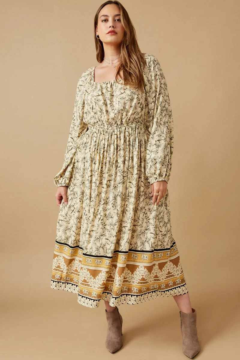 Floral Border Print Smocked Square Neck Dress All Occasion