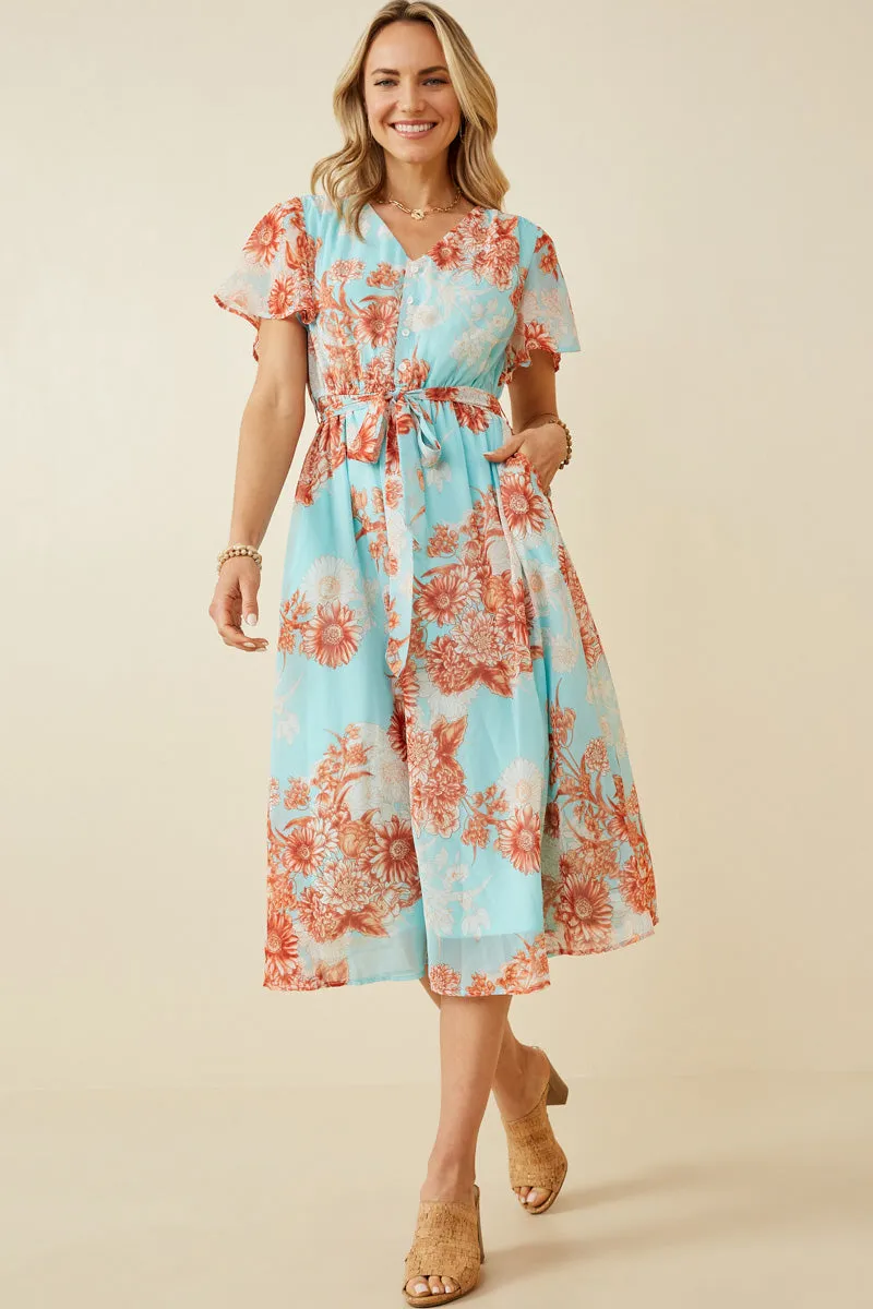 Sleek Volume Boxy-Style Floral Button Detail Belted V Neck Dress