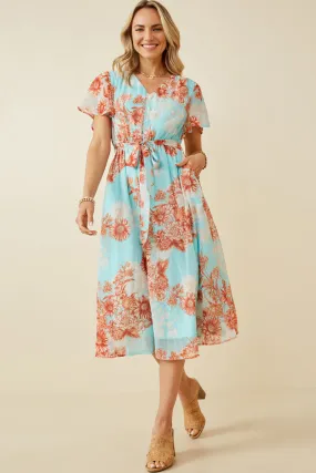 Simple Touch Occasion Ready Floral Button Detail Belted V Neck Dress