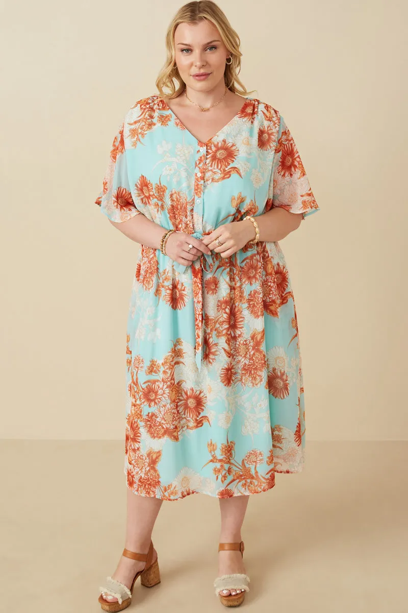 Floral Button Detail Belted V Neck Dress garden wedding