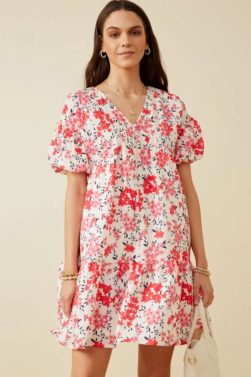 Magnetic-Closure Relaxed Line Floral Button Detail Textured Ruffle Sleeve Dress