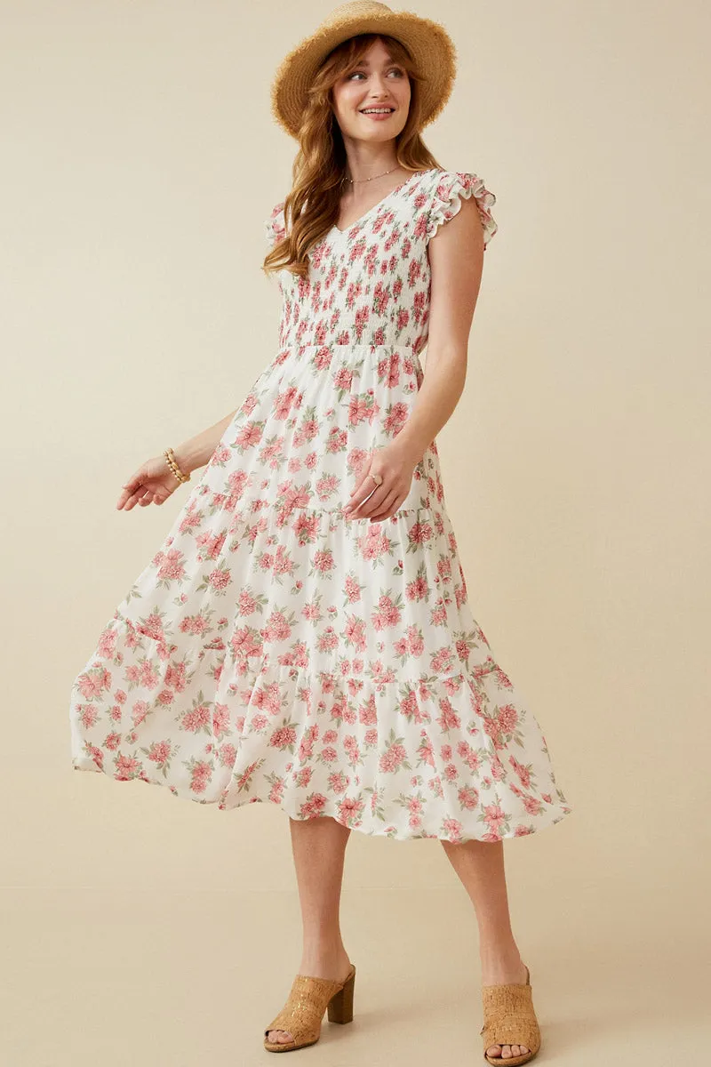 Clean Base Raw-Hem Floral Chiffon Smocked Tank Dress