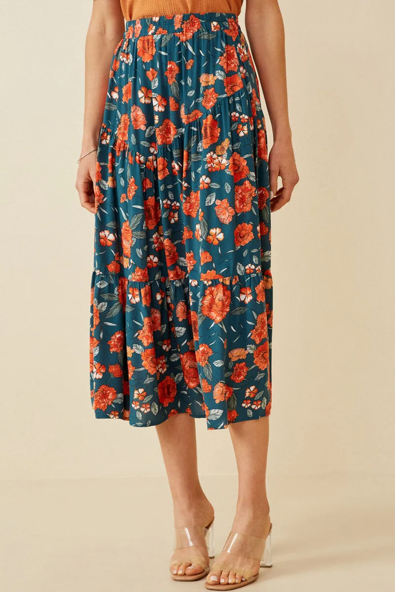 Floral Elastic Waist Midi Skirt Stay Flexible Stretchable