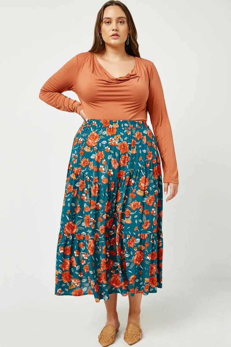 Floral Elastic Waist Midi Skirt Feminine Fit