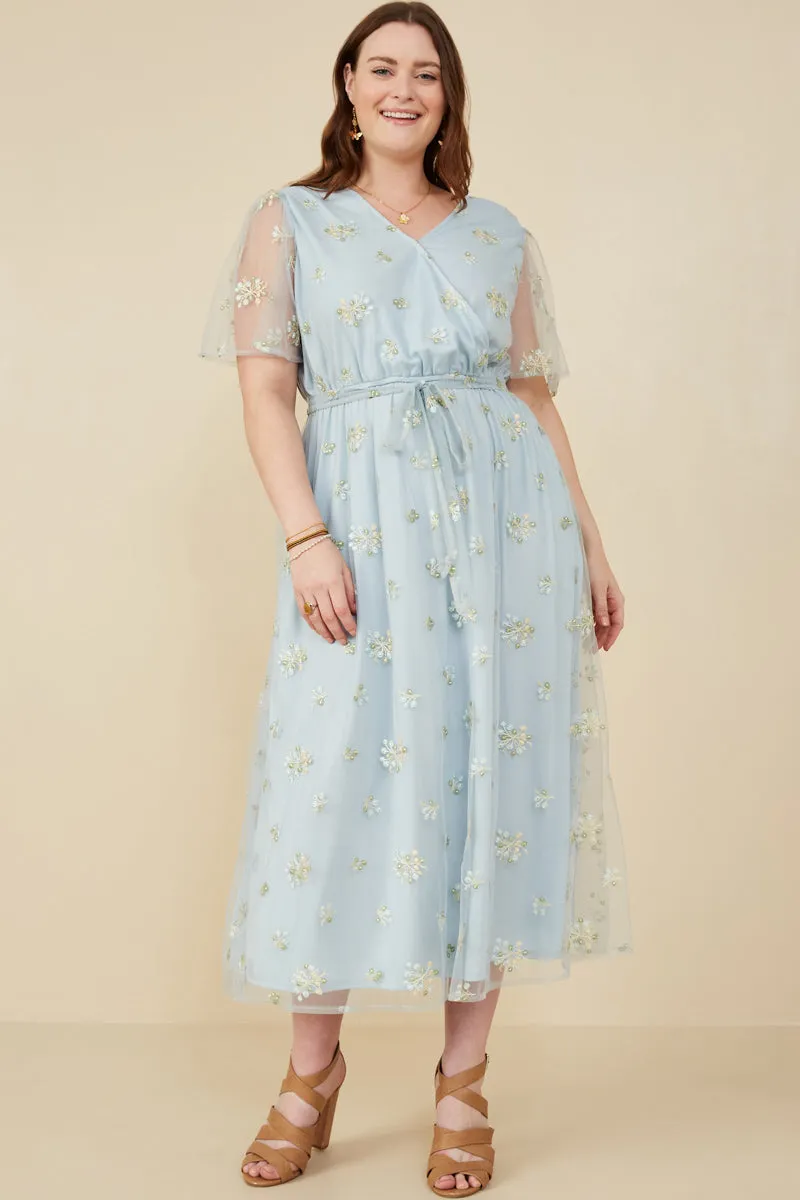 Casual Silhouette Office Shape Floral Embroidered Mesh Belted Wrap Dress