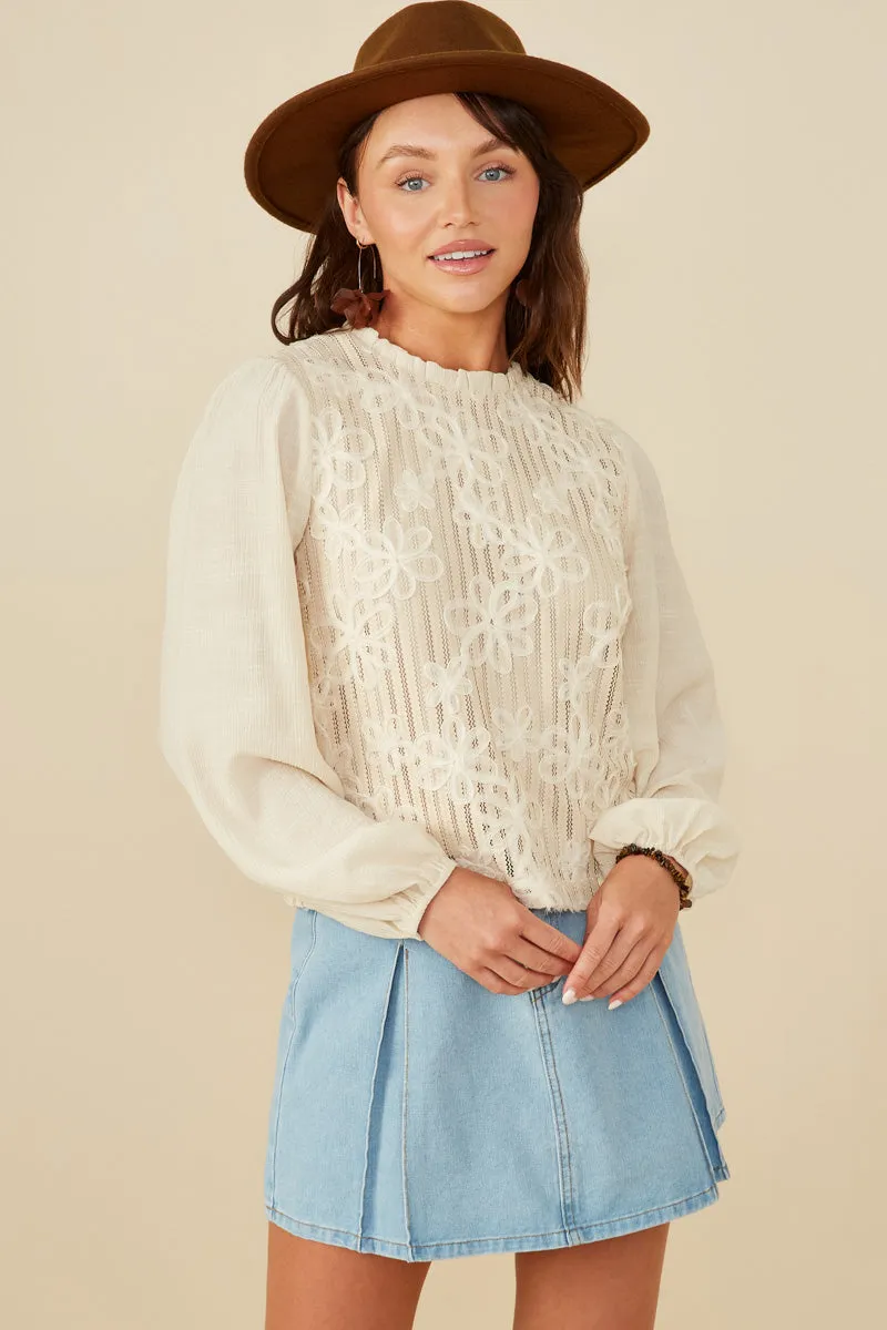 Floral Embroidered Textured Puff Sleeve Top StaticResistant Material