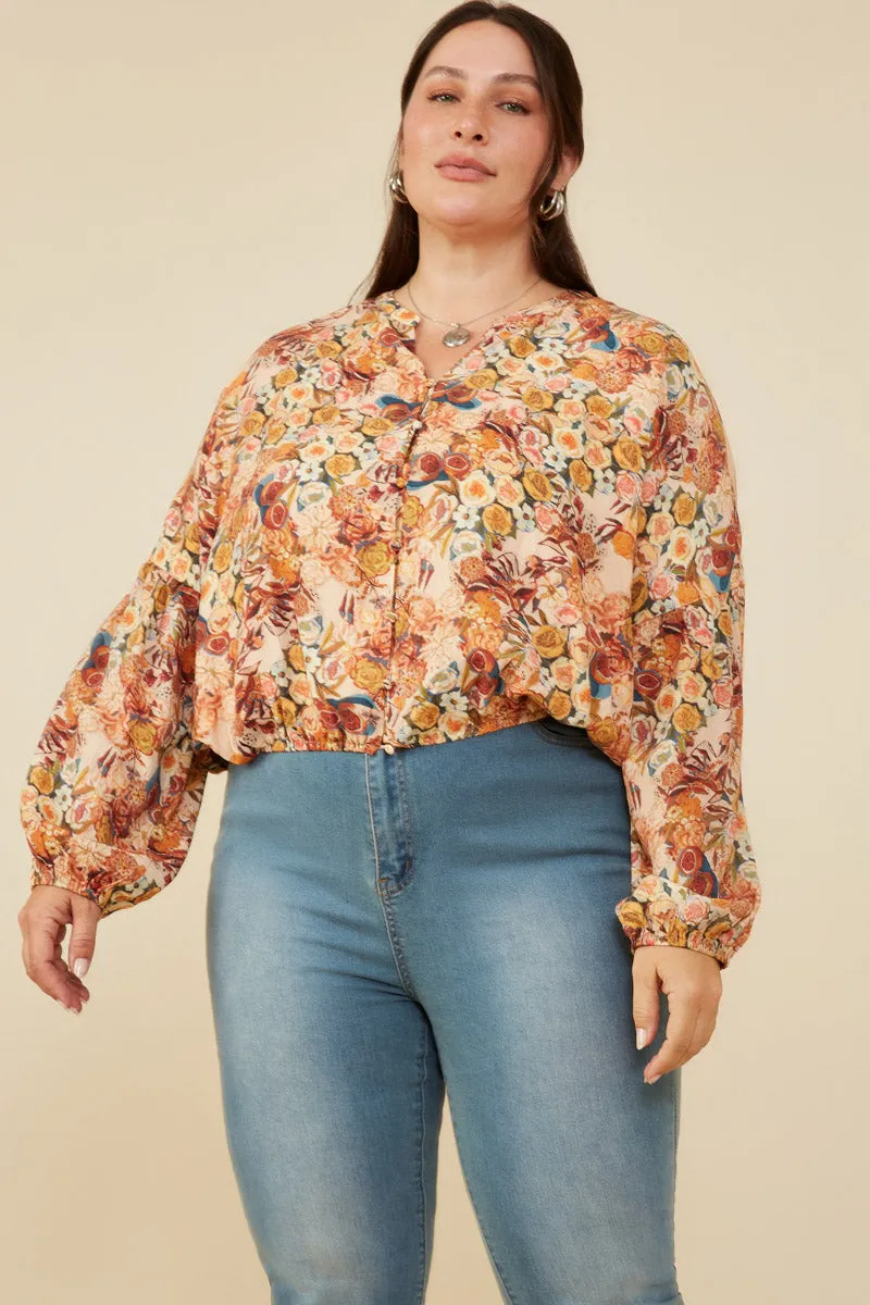 TexturedSurface Floral Fruit Print Buttoned Bubble Hem Top