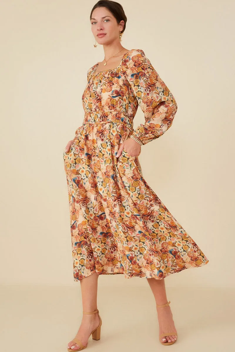 Floral Fruit Print Gathered Waist Dress Office Shape
