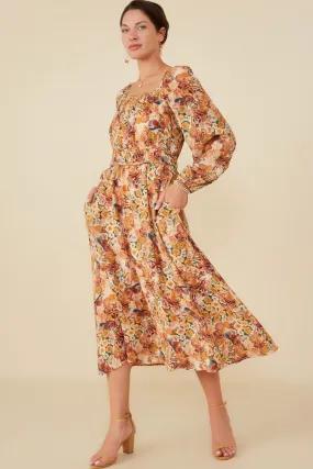 Floral Fruit Print Gathered Waist Dress Skin Touch