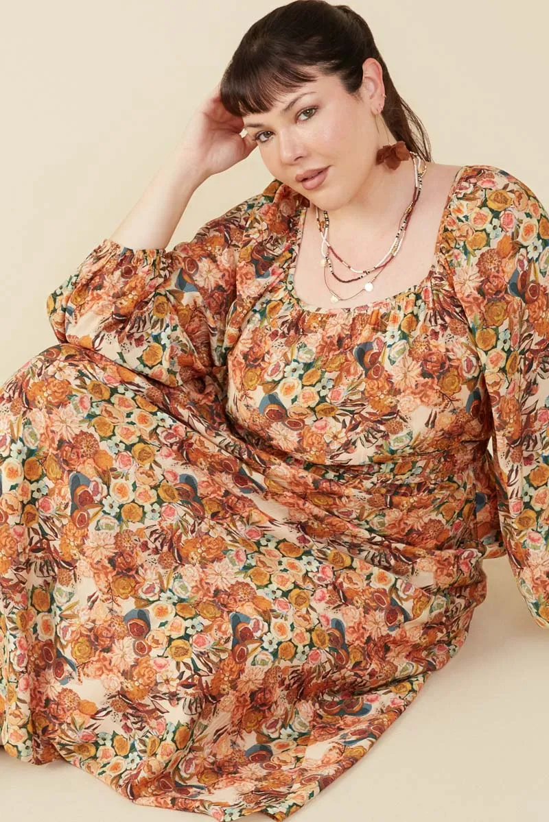 Timeless Look Floral Fruit Print Gathered Waist Dress