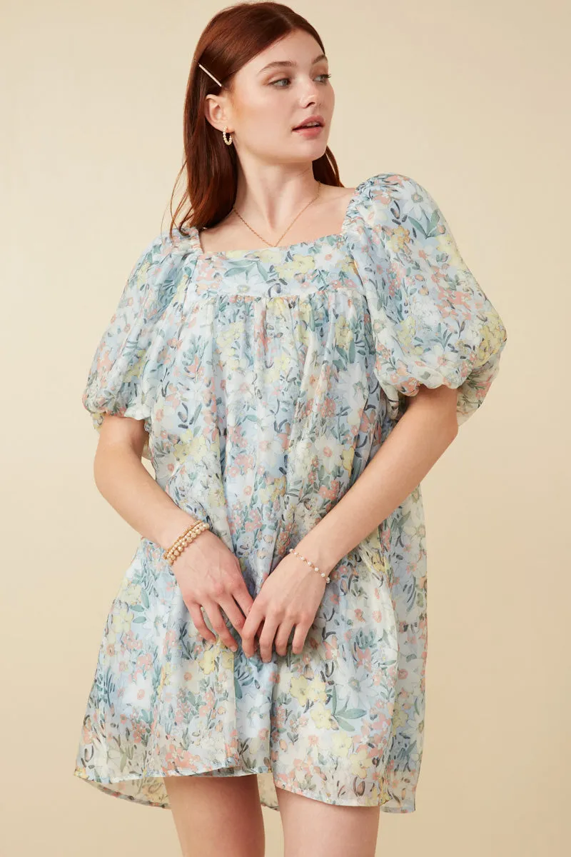 Air Layer Floral Organza Puff Sleeve Dress