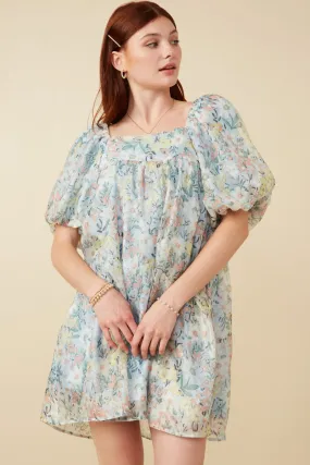 Air Layer Floral Organza Puff Sleeve Dress