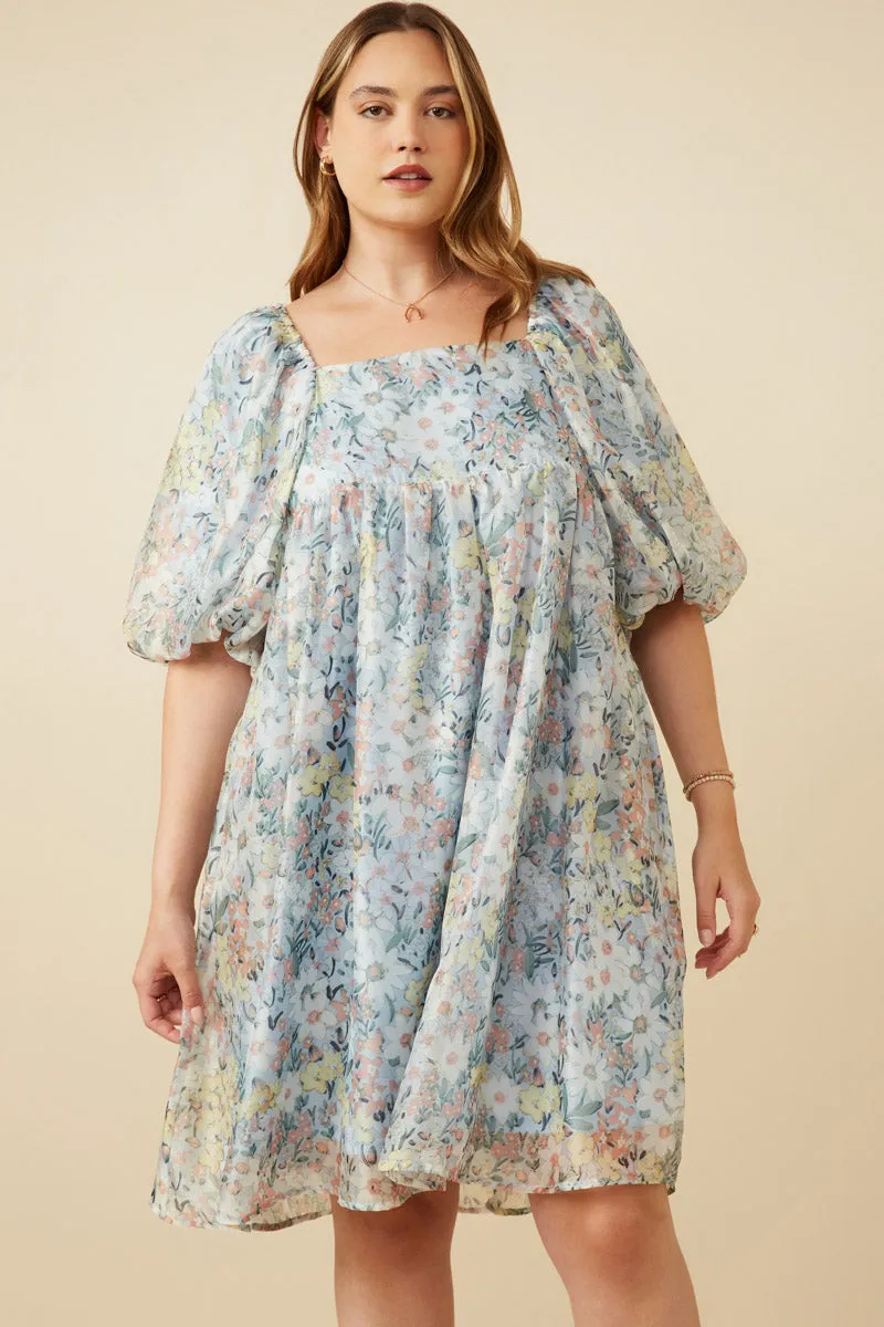 Layered-Look Floral Organza Puff Sleeve Dress